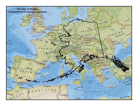A reference of the size of Alaska.  Picture from: http://www.joshuakennon.com/mailbag-united-states-misconception/
